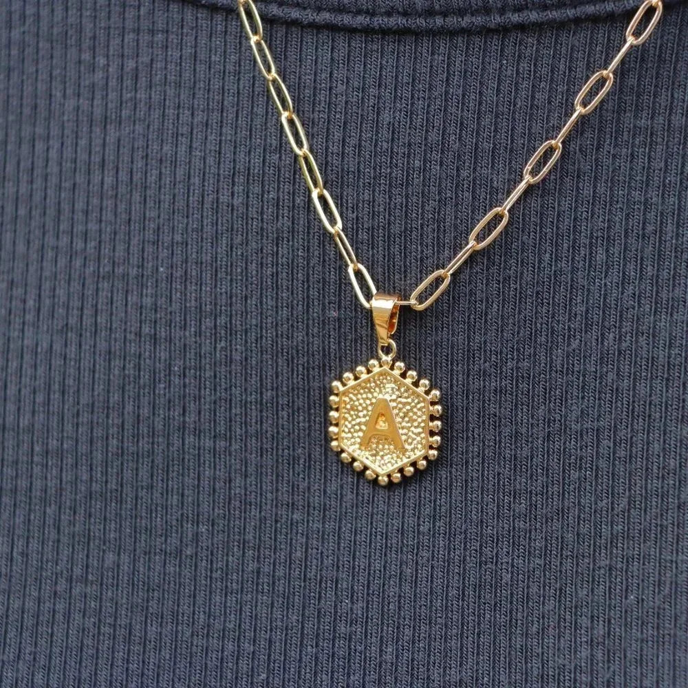 2 LAYER GOLD LETTER INITIAL COIN HEXAGONAL PENDANT DAINTY NECKLACE, ELDM22335 - Picture 5 of 13